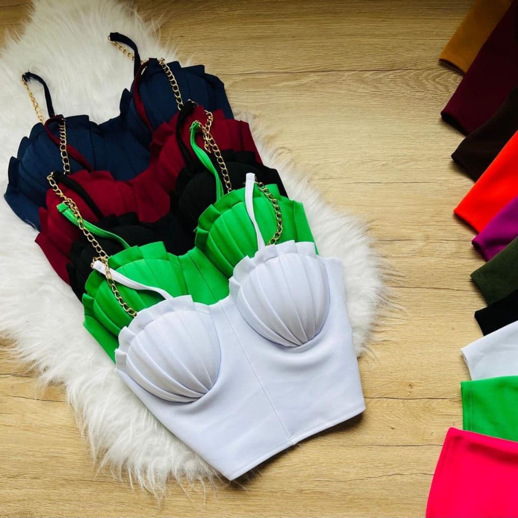 Cropped Top Blusinha Alça Fina Corrente Com Bojo Sereia Concha Moda Blogueira Retrô Verão Festa Praia Alcinha