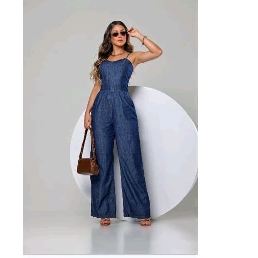 macacão pantalona jeans alça elastano nas costas