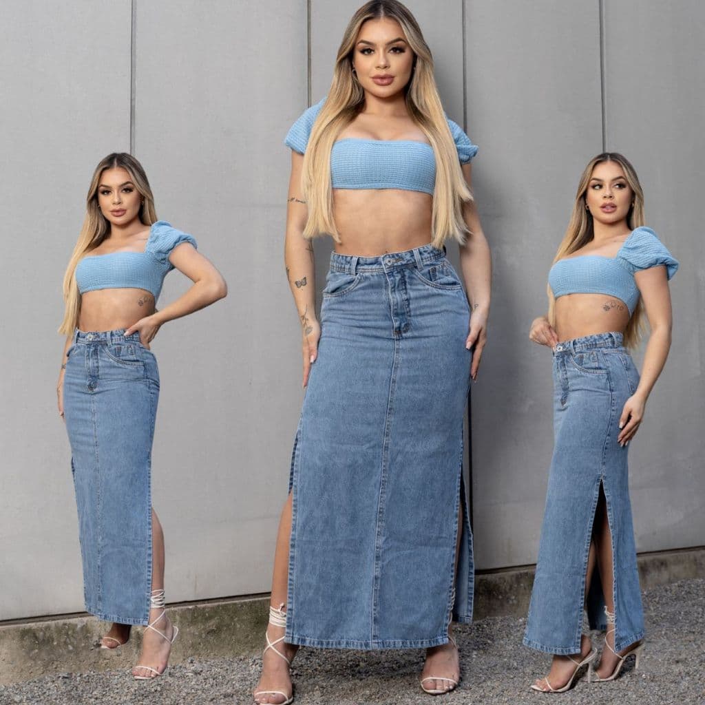 Saia Jeans Feminina Longa Cintura Alta Evangélica Midi Com Abertura