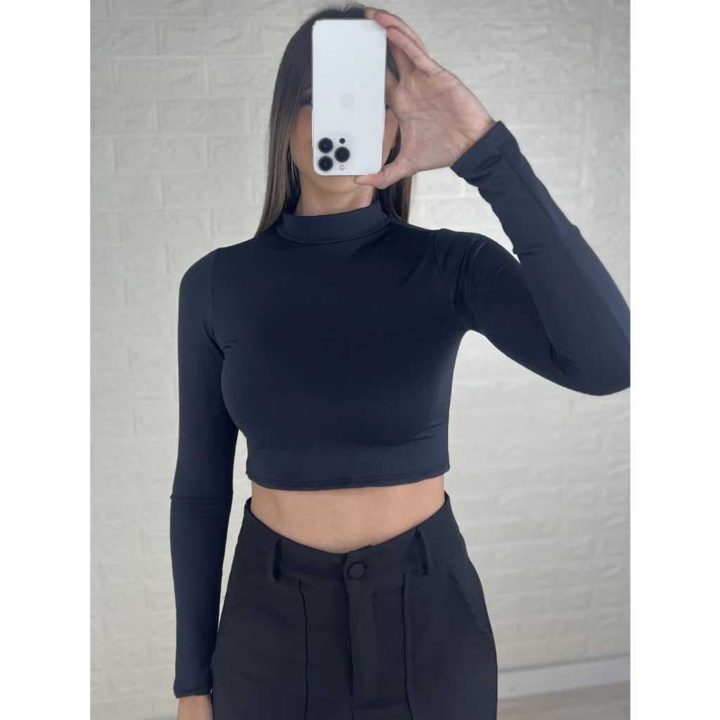 Cropped blusa manga longa feminino inverno suplex poliamida Preto Liso