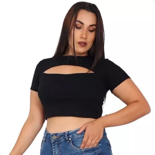 Blusa Cropped Abertura No Peito Ribana Moda Fashion Feminina