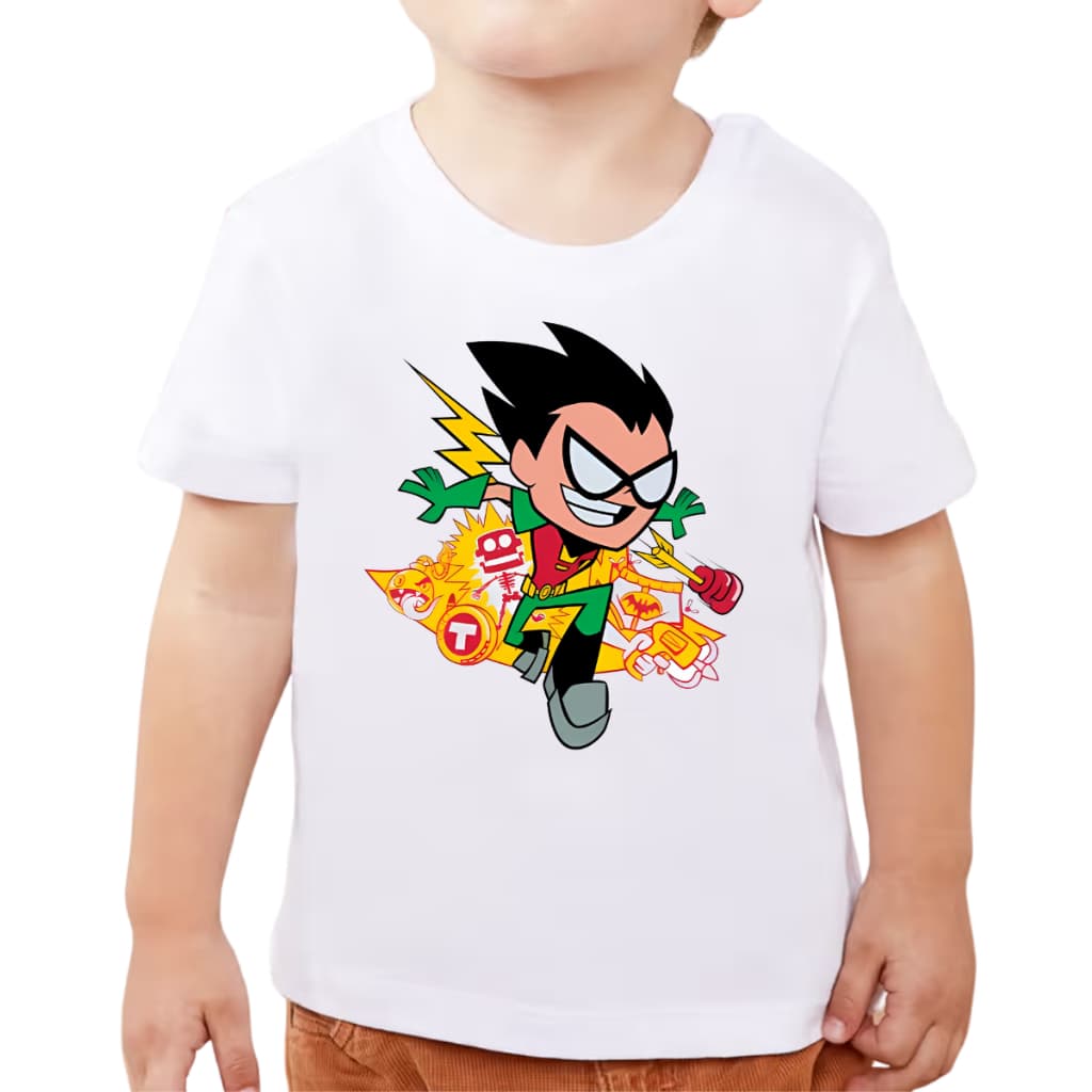 Camiseta Infantil Unissex Jovens Titãs Todos os Personagens Malha Poliéster