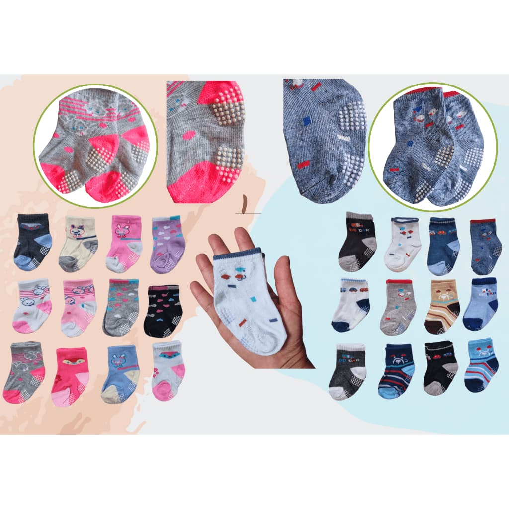 Kit 12, 09 ou 06 Pares de meia bebê Antiderrapante Estampadinha Masculina e Feminina