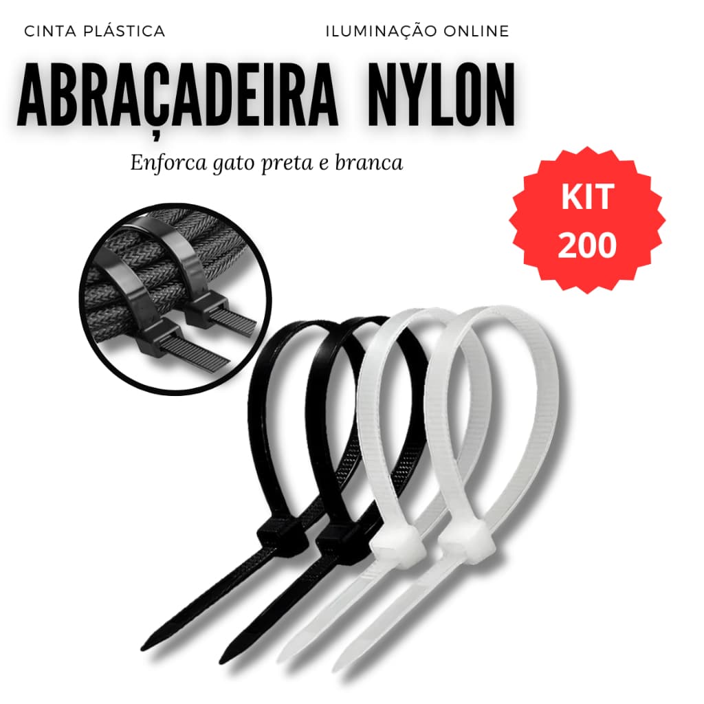 Abraçadeira Nylon Enforca Gato 200 Unidades Cinta Plástica de Fixação Multiuso