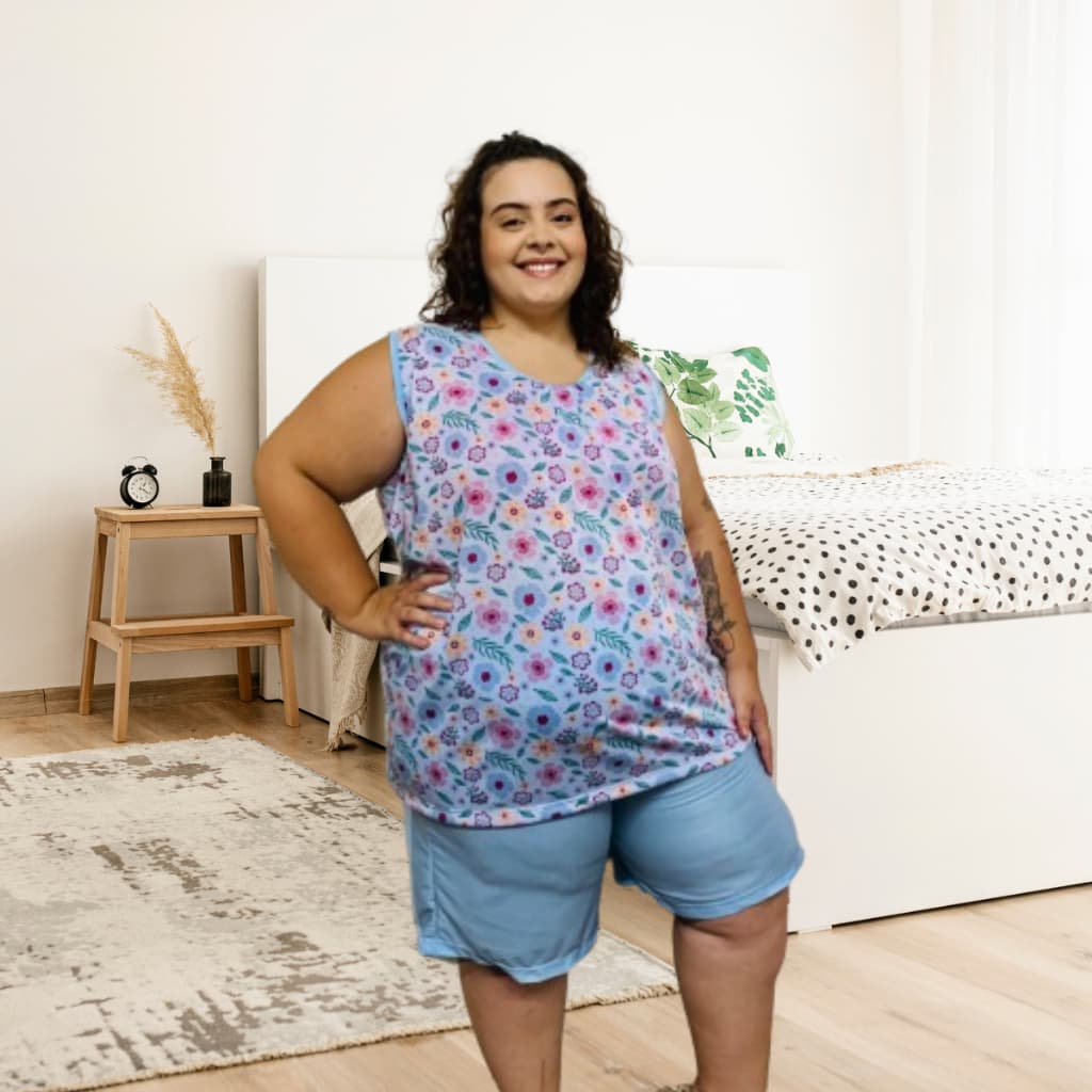 Pijama Bermuda Plus Size EXGG Verão Blusa Estampada Malha