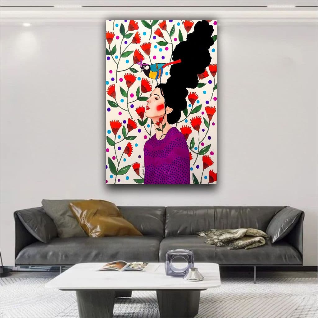 Quadro Decorativo Cores Mulher Flores Pássaro Quarto Sala 1 pç