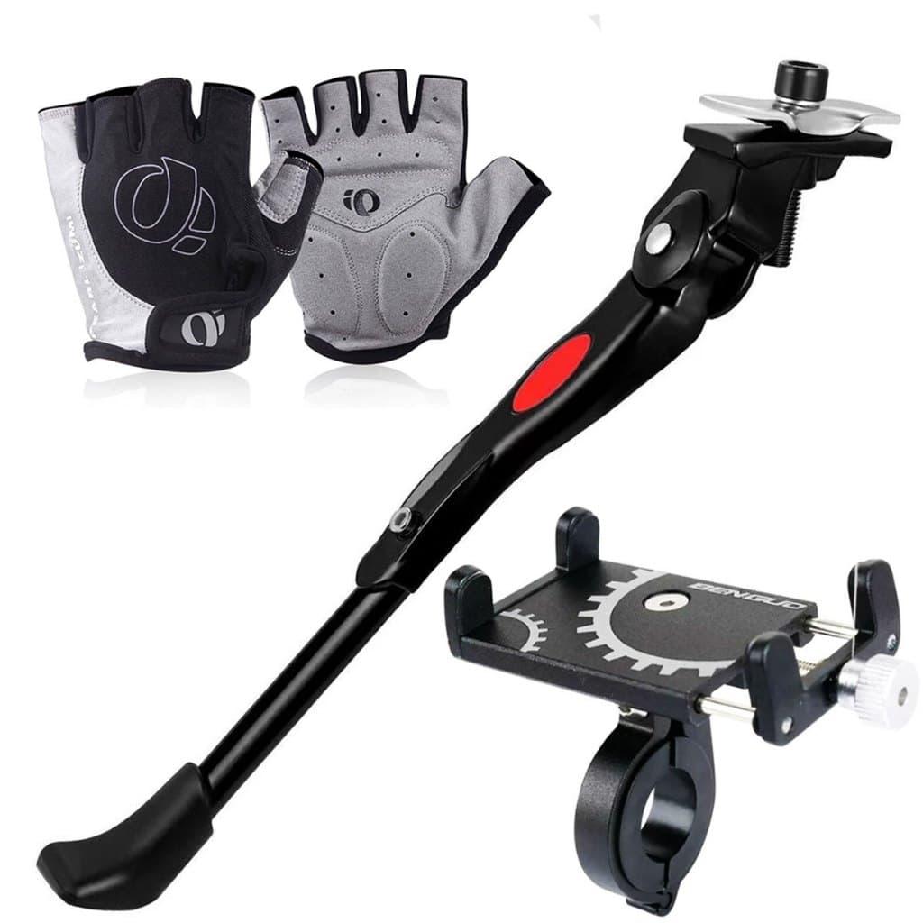 Luva Para Ciclista Bicicleta Bike Com Gel + Pezinho Central Descanso Para Bike Com 20 A 29 + Suporte Para Celular Em Aluminio GPS Bike Bicicleta E Moto