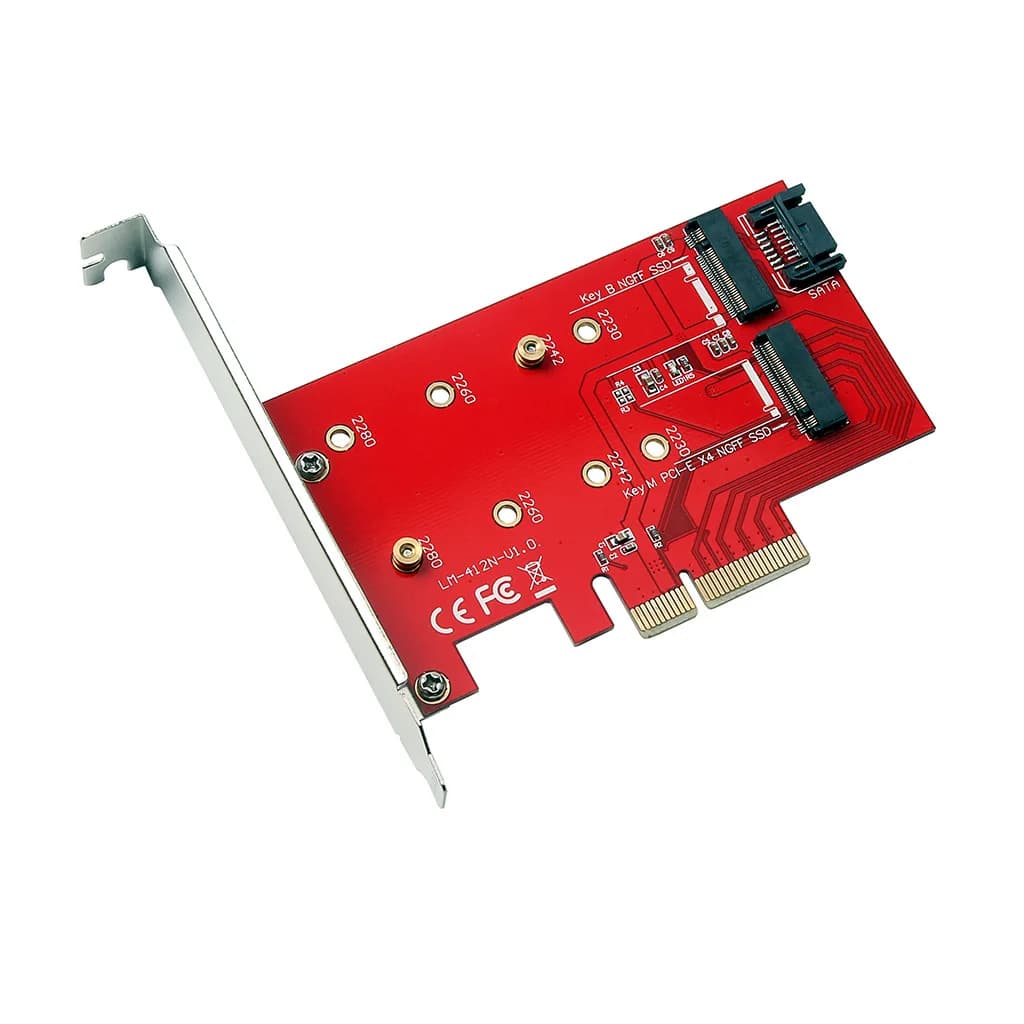 Adaptador Placa PCIe X4 para SSD M.2 NVMe e NGFF M.2 SATA M Key e B Key PCI-e 2 em 1 Duplo + CABO SATA
