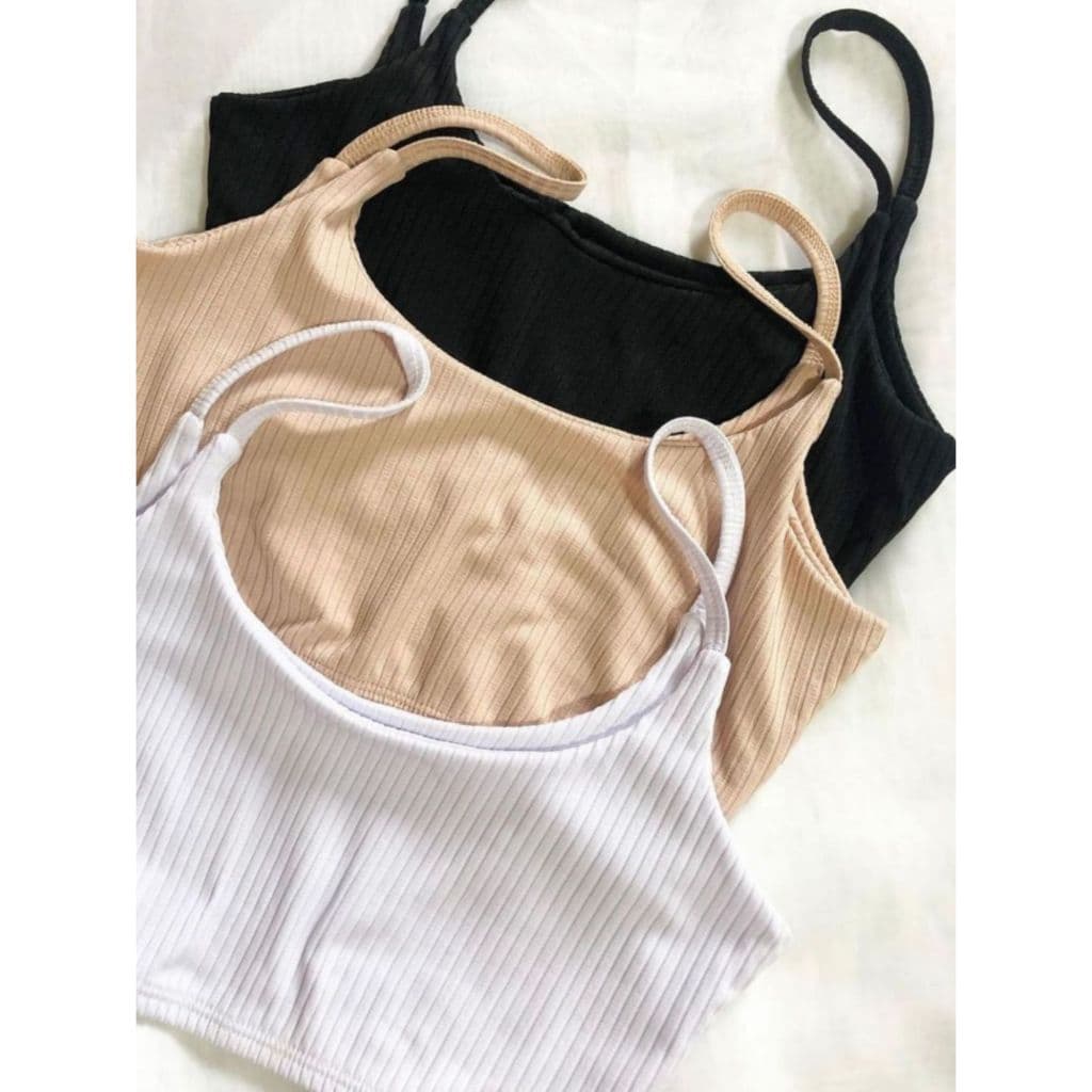 Kit 3 Cropped Canelado Básico - Top Feminino Alça Fina Duplo Forro