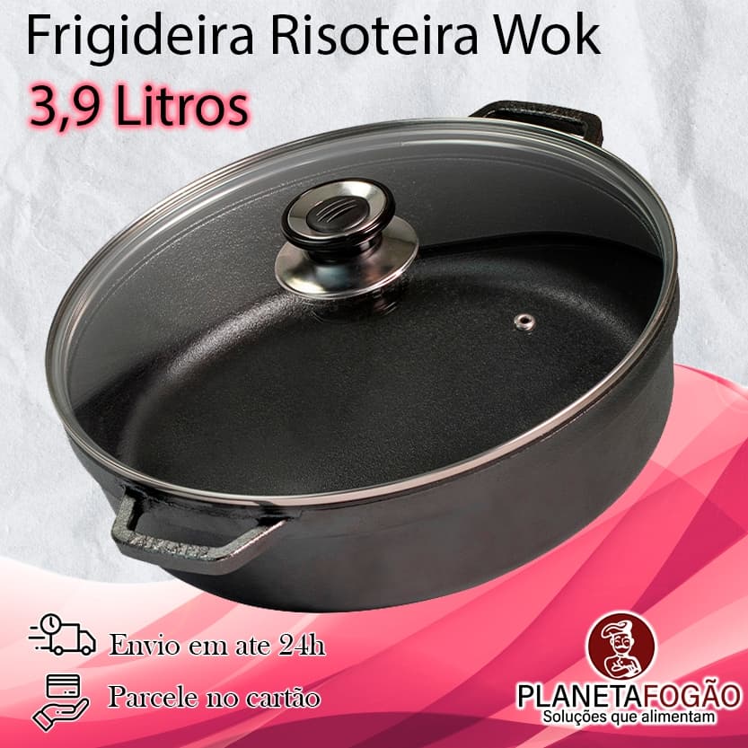 Frigideira Risoteira Wok De Ferro Com Tampa De Vidro 3,9 Lts