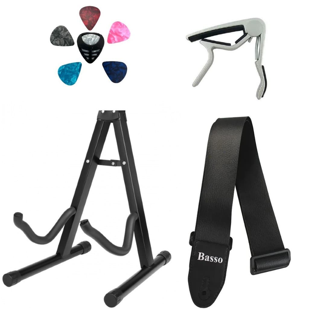 Kit Suporte de Violão Tripé + Correia + Capotraste + Porta Palhetas + 6 Palhetas
