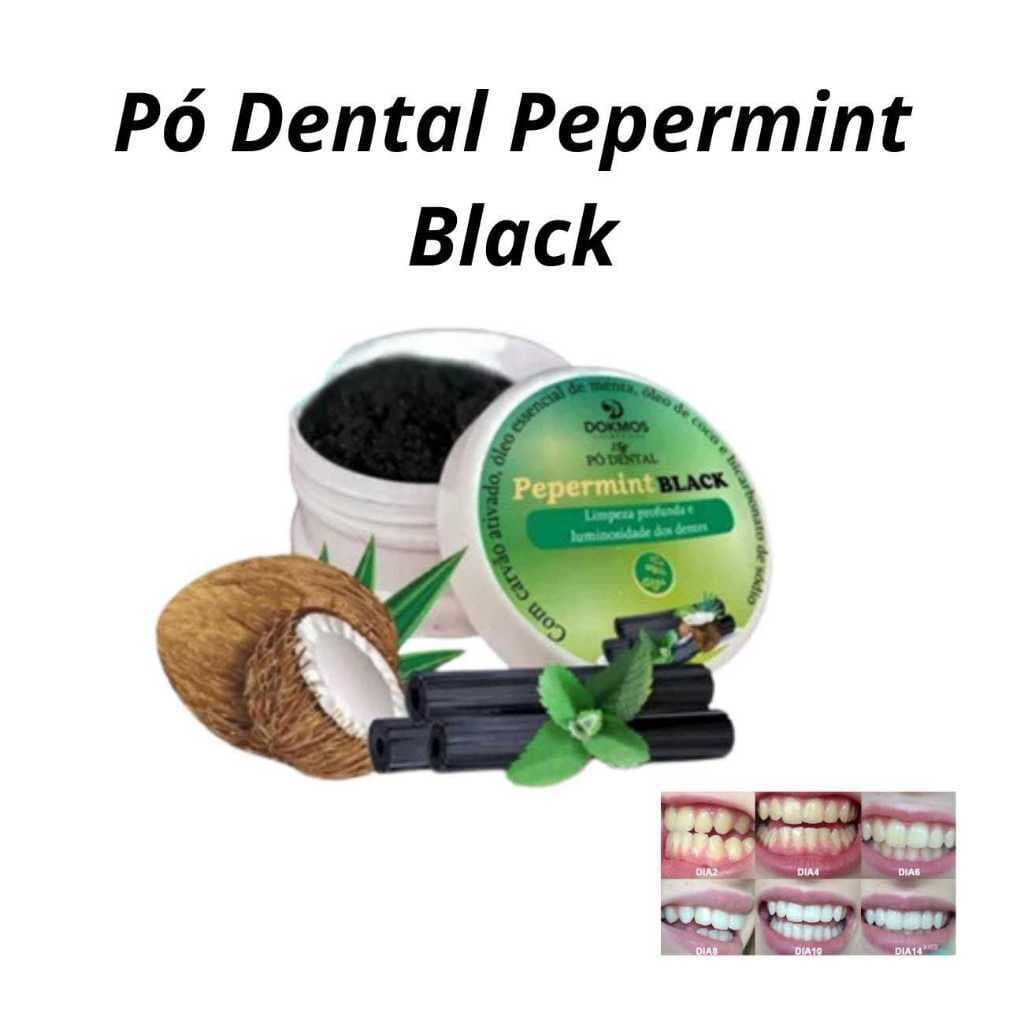 Pó Dental Pepermint Black Super Branco Natural Menta Coco Esfoliante Dental Tira Amarelo - Dokmos