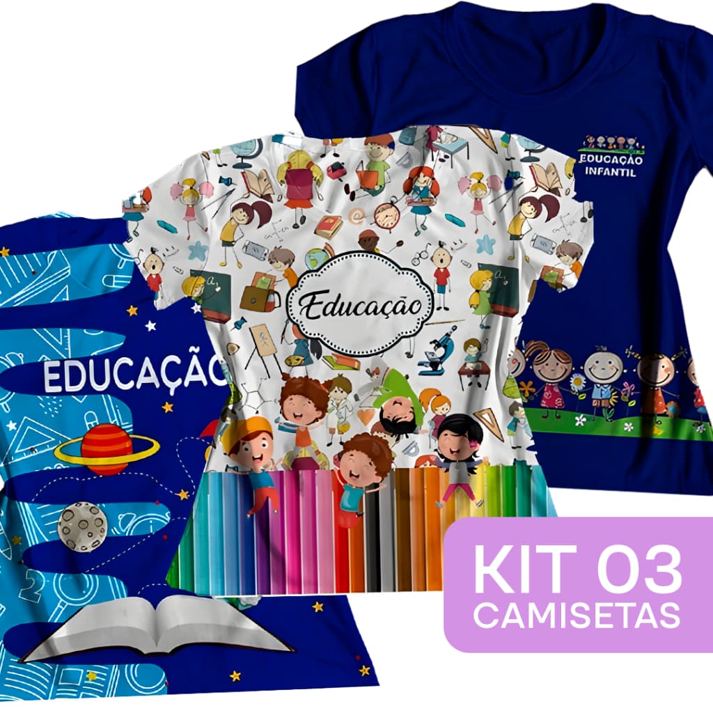 Kit com 3 Tshirts Blusa Feminina Educação Foguete Azul Camiseta Camisa Baby Look Crianças Lápis