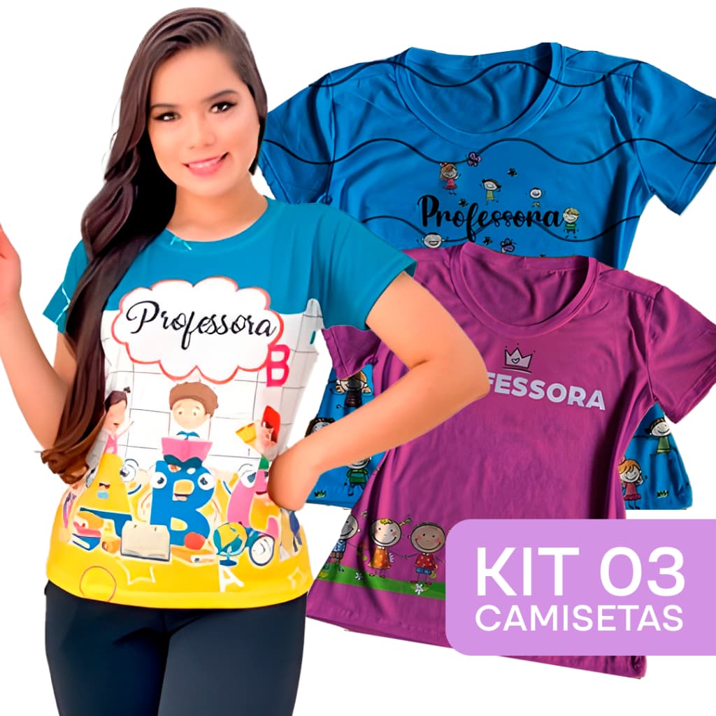 Kit 3 Peças T-shirt Blusa Baby Look Feminina Professora Kit Educação Infantil Profissão
