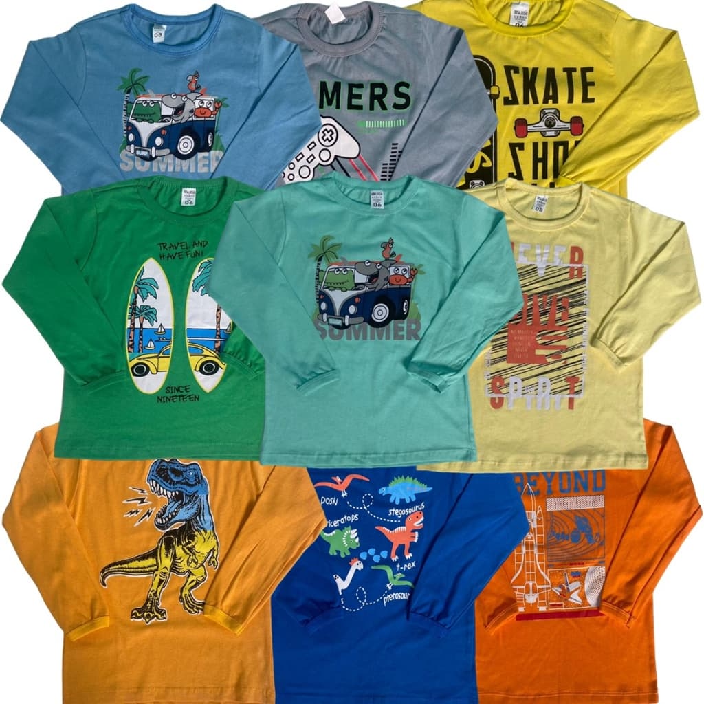 Kit 3 Camisetas Infantil Sortidos Desenho Manga Longa Menino Inverno 2 à 8 Anos