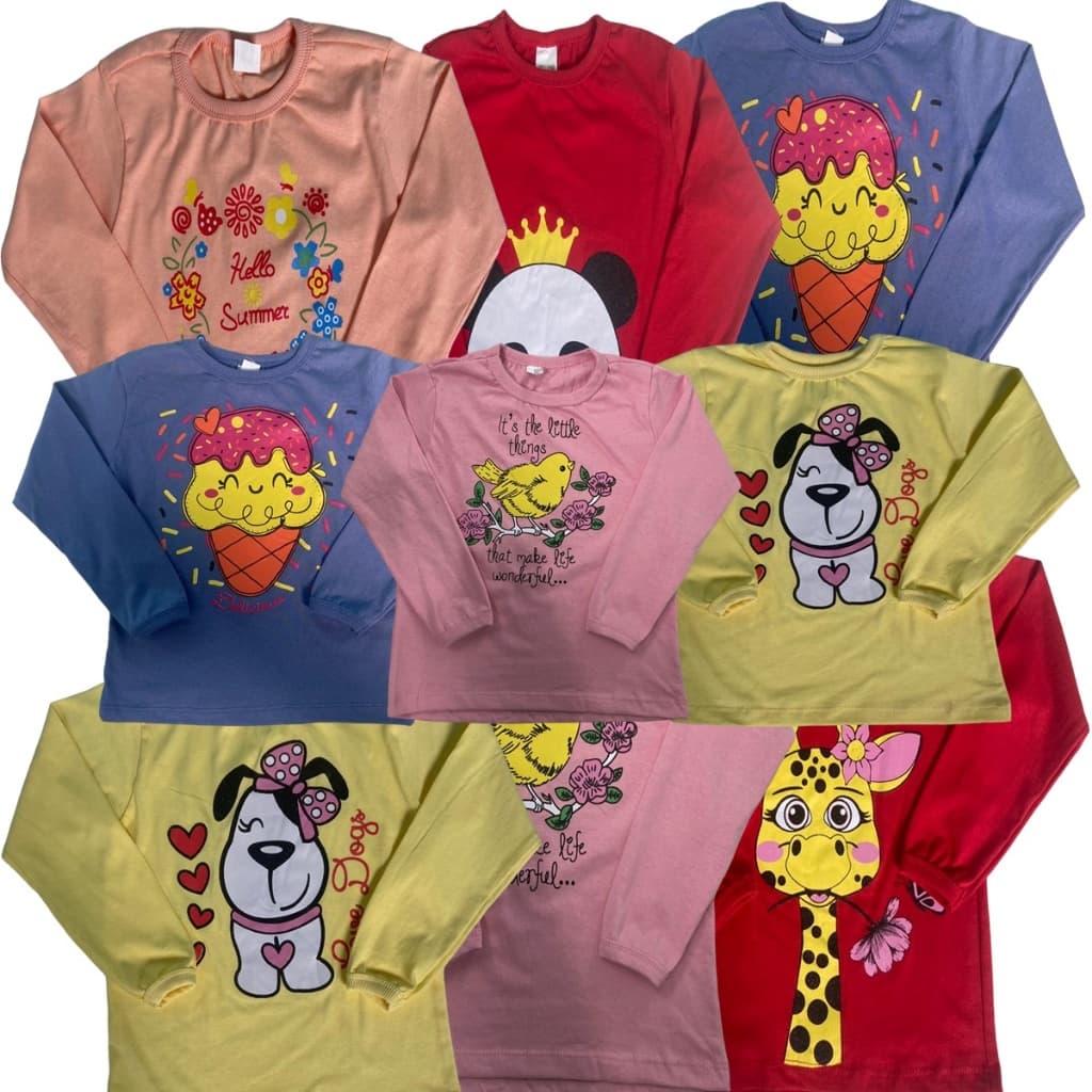 Kit 3 Camiseta Infantil Manga Longa Menina Feminino 100% Algodão Inverno 2 à 8 Anos