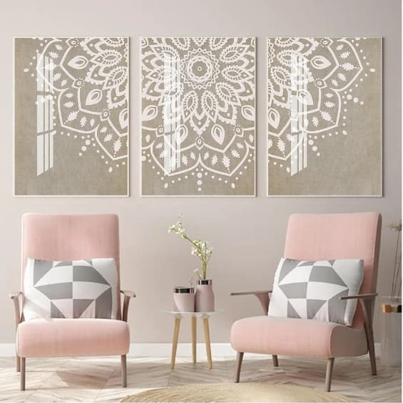 Quadros decorativos Mandala taupe bege boho (3 peças)
