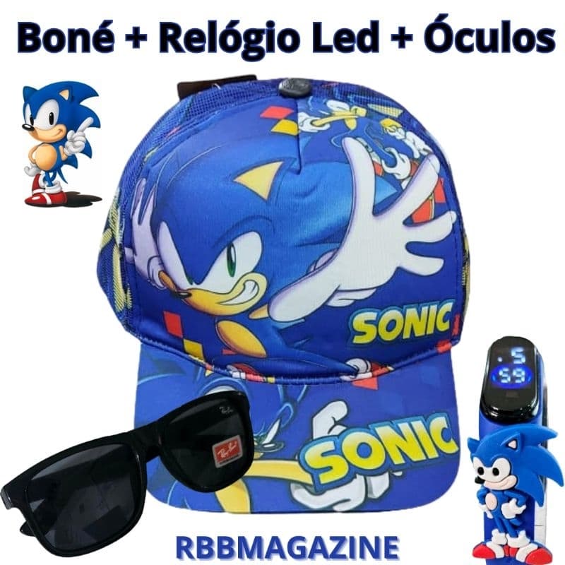 Kit Relógio + Boné + Óculos Sonic bordado, estampado ou 3d Infantil/Crianças
