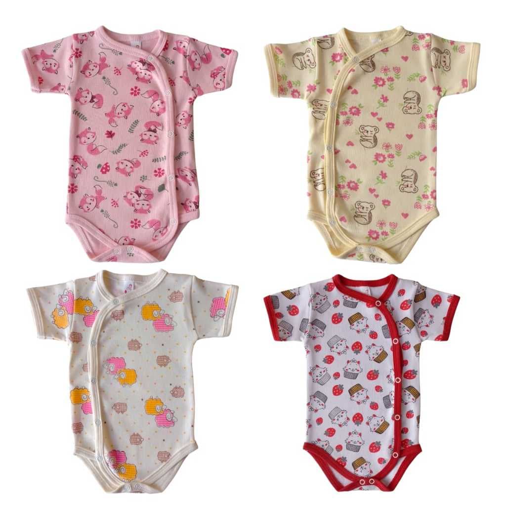 KIT 4 PEÇAS - BODY KIMONO MANGA CURTA ESTAMPADO ALGODÃO SUEDINE ROUPA MENINA MENINO ENXOVAL BEBÊ