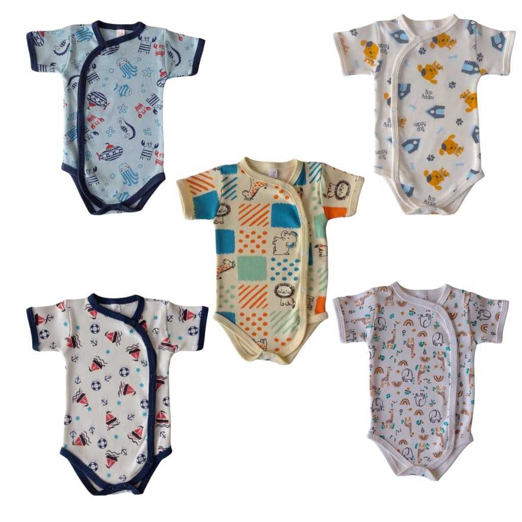 KIT 5 PEÇAS - BODY KIMONO MANGA CURTA ESTAMPADO ALGODÃO SUEDINE ROUPA MENINA MENINO ENXOVAL BEBÊ
