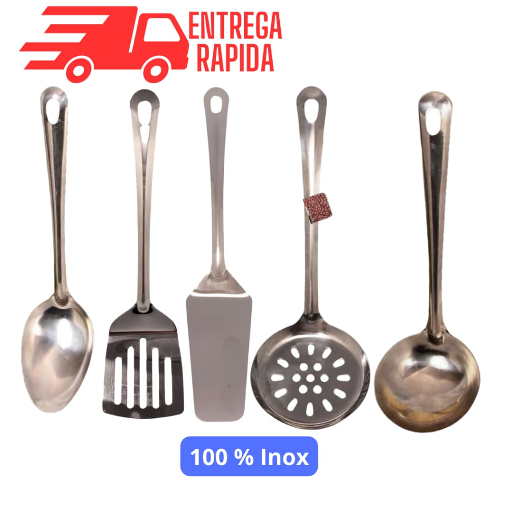 kit Utensílios de Cozinha 5 Peças em Aço Inox Concha Escumadeira Colher de Arroz Espátula e Espátula Vazada