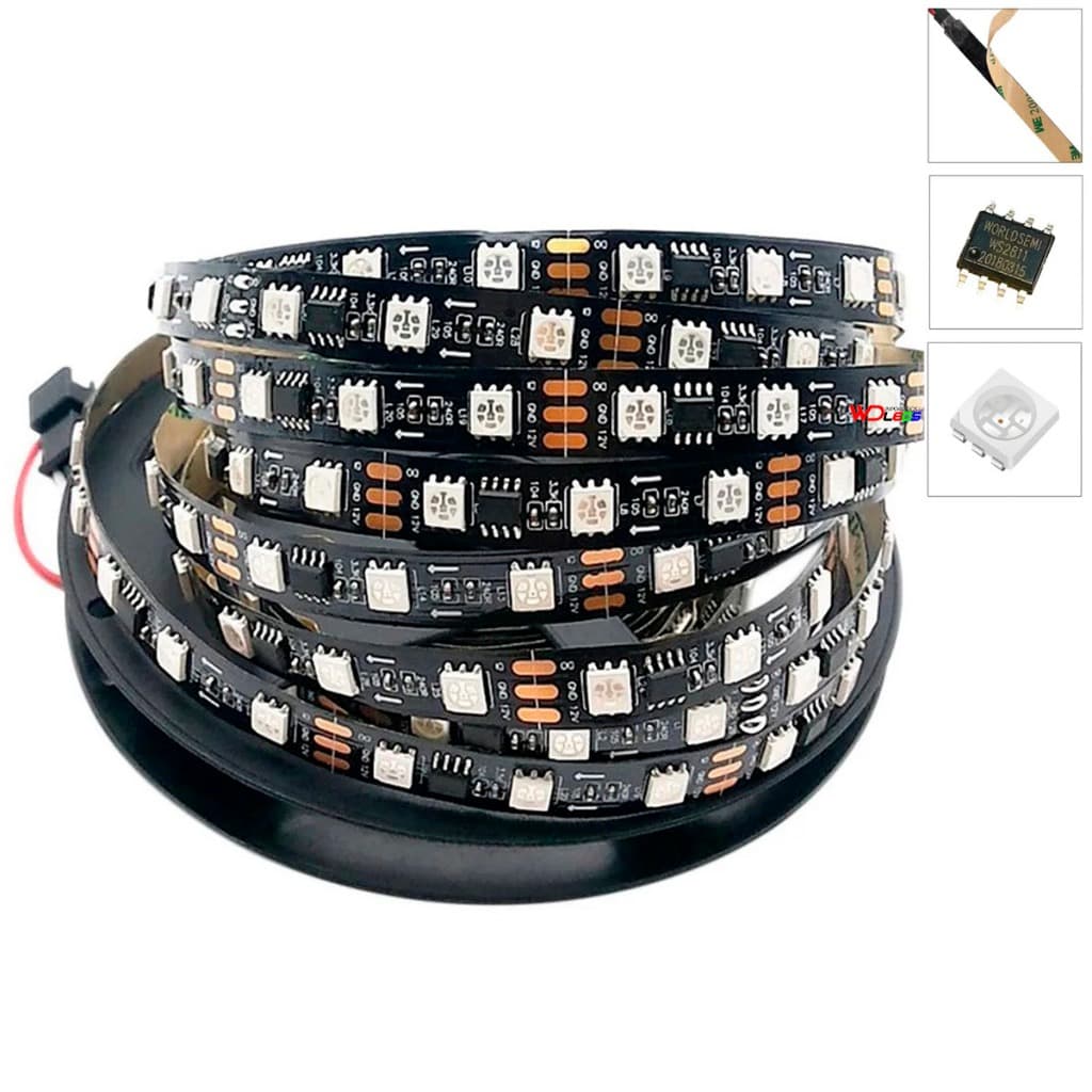 Fita LED WS2811 Endereçável 5 metros, 60 LEDs/m, 300 LEDs, IP30, 12 Volts, Preta e Branca