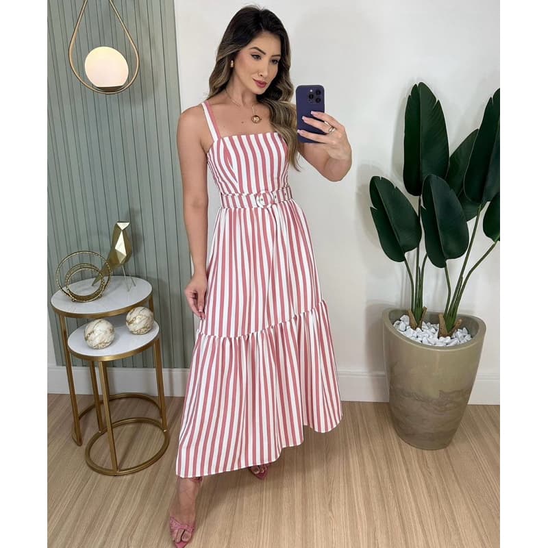 Vestido de alca listrado com cinto moda feminina evangélica  social