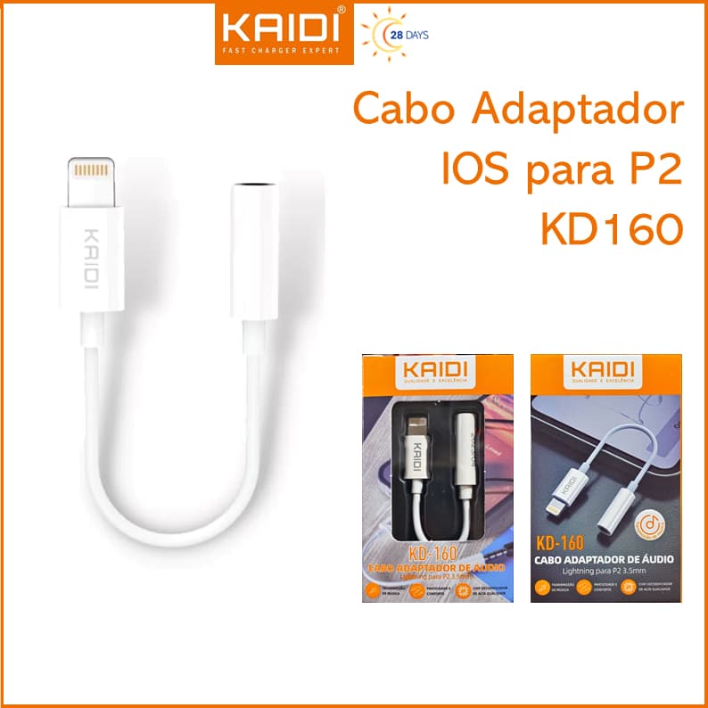 Cabo Adaptador de áudio Lightning Para Fone P2 3.5mm KAIDI -160