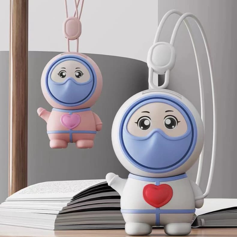 Ventilador de Pescoço Recarregável de Desenho Animado Portátil 2 Velocidades Com Cordão Função de Rotação de 360 Graus