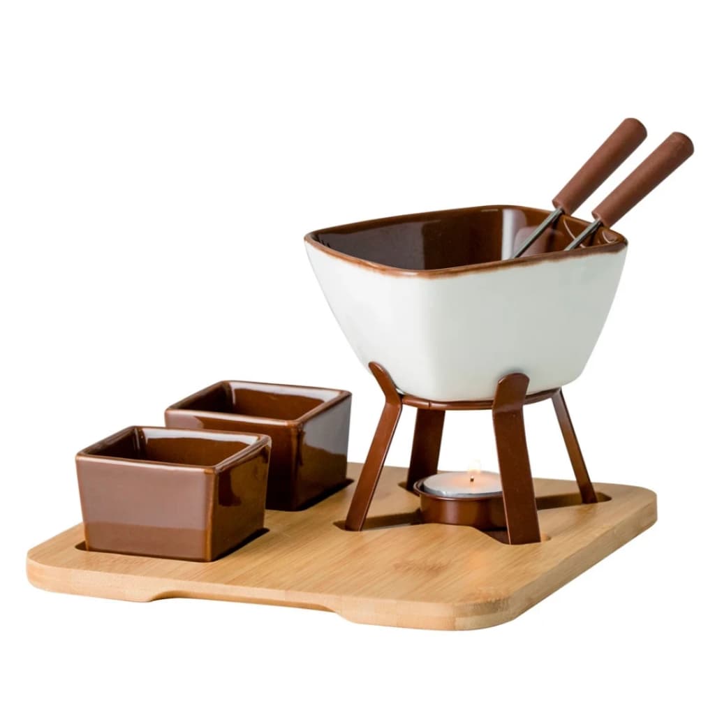 Aparelho de fondue com base em bambu 08 peças L19,7xP19,7xA13cm cor branca e marrom