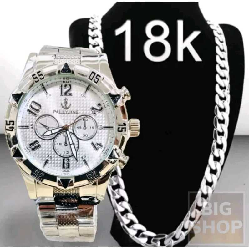 Relógio Masculino Prata Aço Inox + Corrente Aço Metal Cromada RN0002