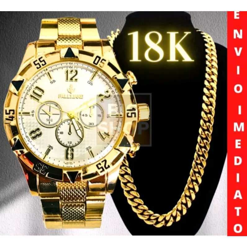 Relógio Masculino Aço Inox + Corrente Aço Metal Cromada RN0002