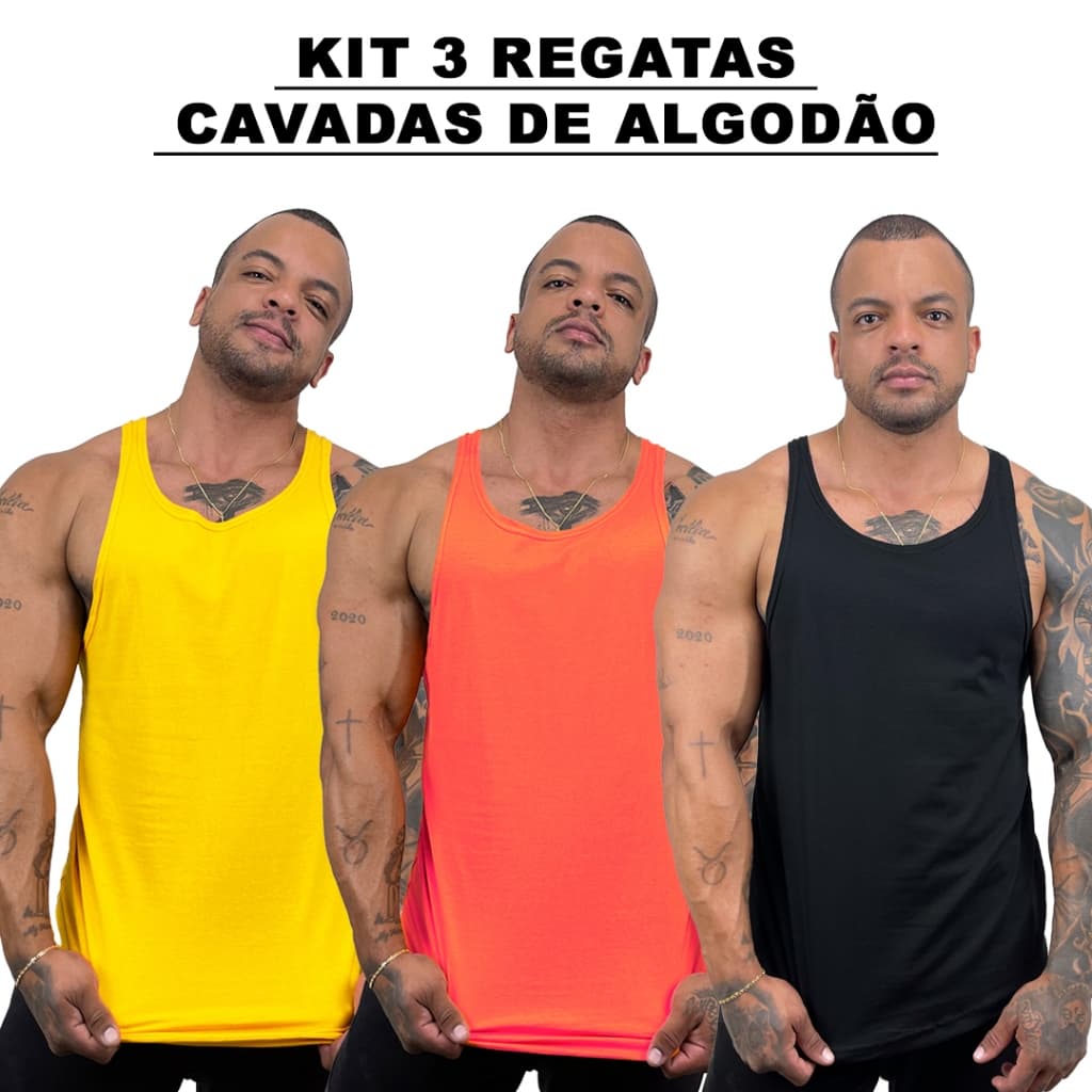 Kit 3 Regatas Masculina Cavadas Amarelo + Laranja Neon + Cores Nadador Algodão Lisa Básica - Bombey