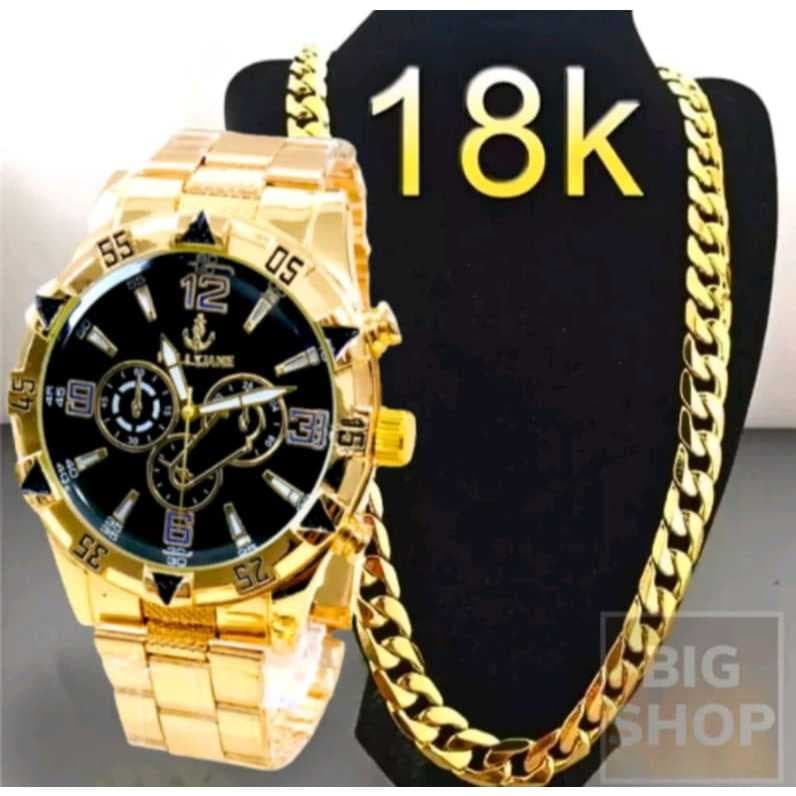 Relógio Masculino Dourado Preto Aço De Pulso + Corrente Metal Aço RN0002