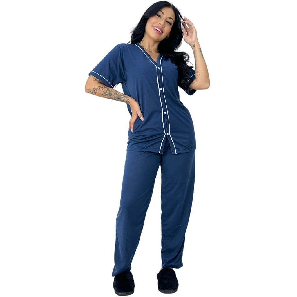 Pijama Longo Americano Malha Adulto Manga Curta Confortável Blogueira Amamentação Meia Estação