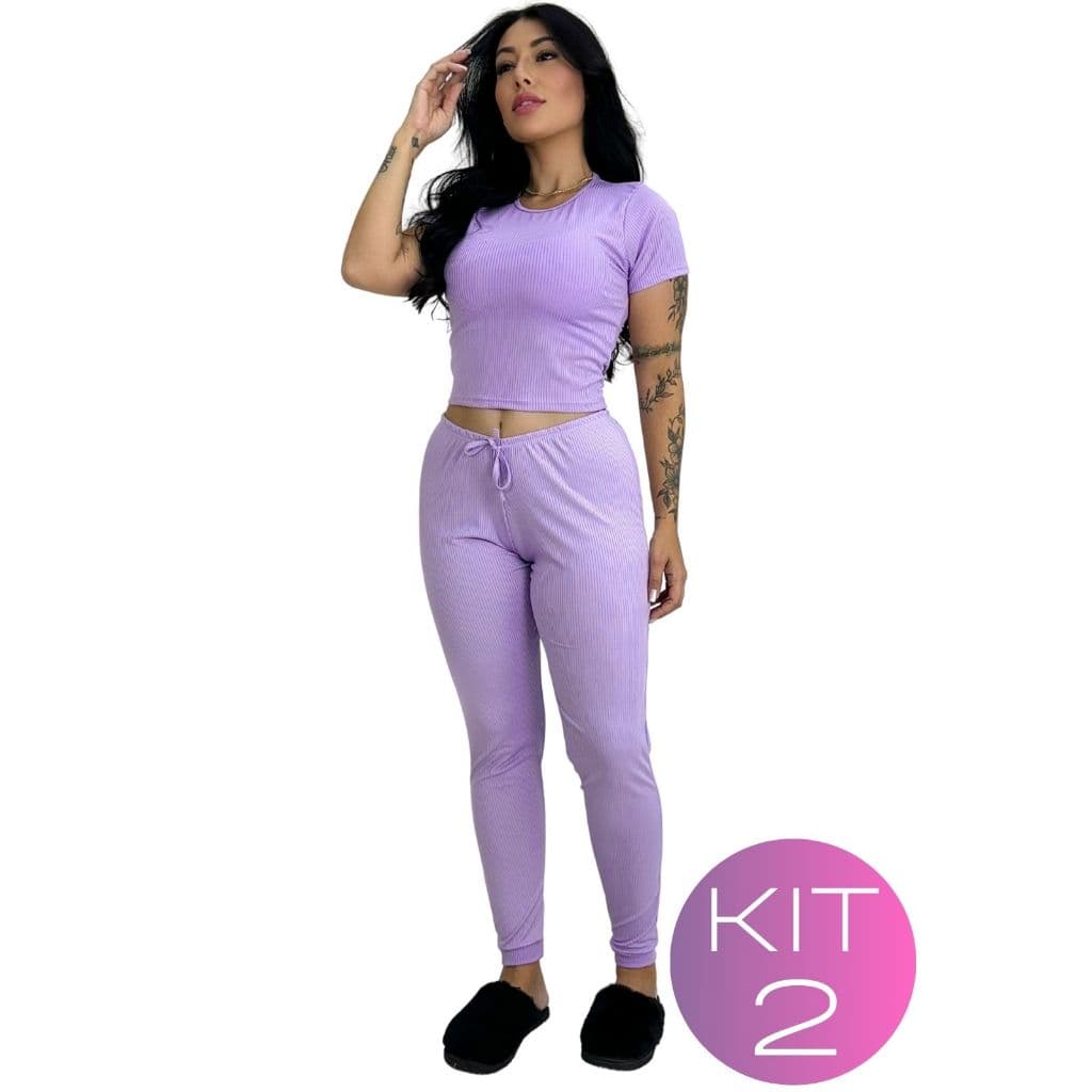 Kit 2 Pijama Canelado com Blusa de Manga  Feminino Casual Confortável Elegante