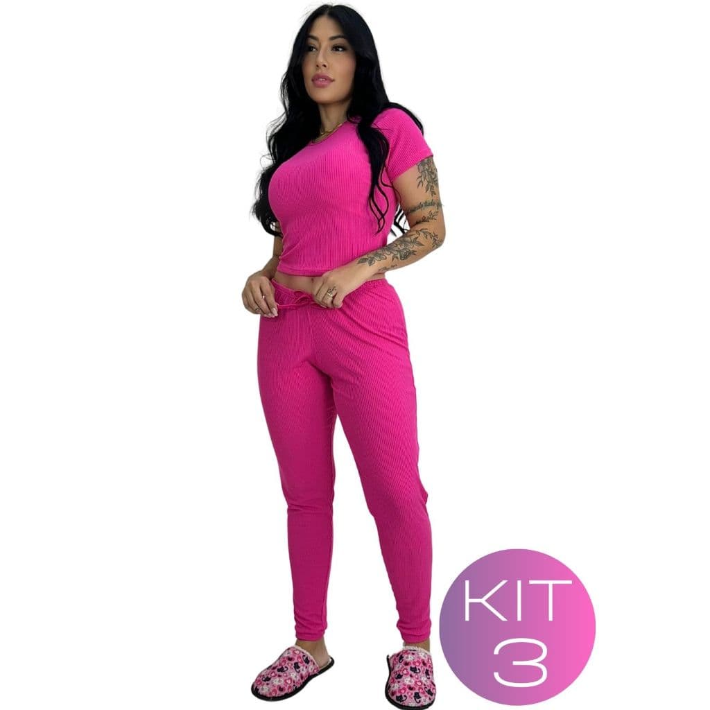 Kit 3 Pijama Canelado com Blusa de Manga  Feminino Casual Confortável Elegante