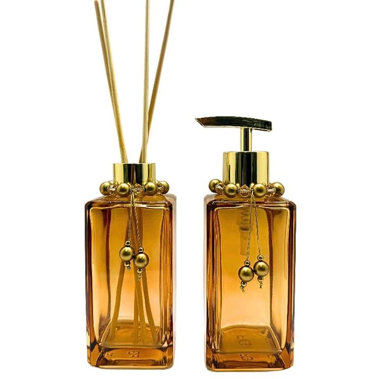 Kit Lavabo Frascos Âmbar Com Válvula Super Luxo + Tampa para Difusor + Varetas + Enfeites