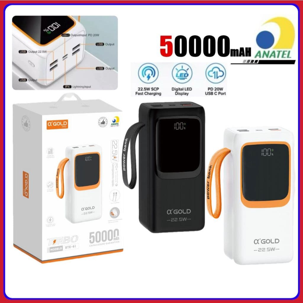 Carregador Portátil 50000 mAh Power Bank Grande Turbo 22.5W PD Rápido Com Lanterna Led Agold BTE-61