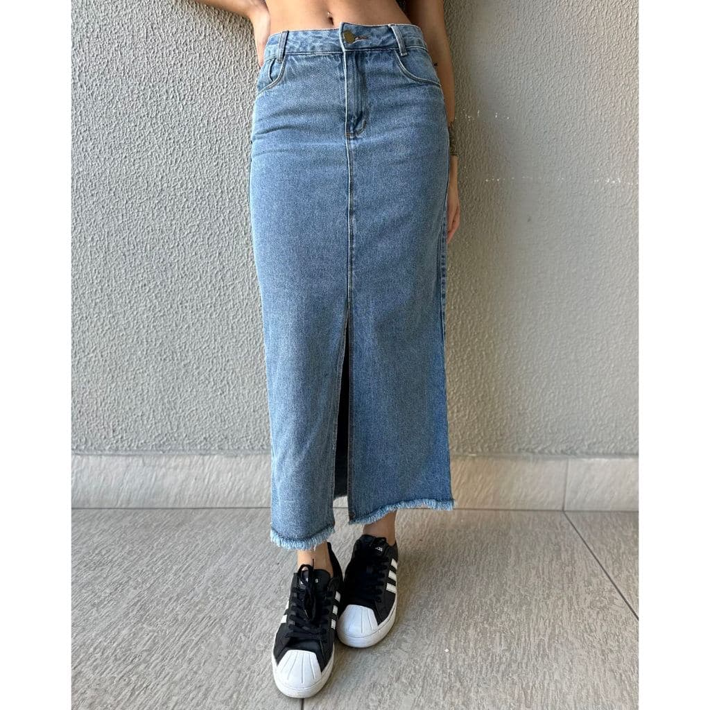 Saia Jeans Saia longo Femininas Evangélica Cintura Alta Design de fenda frontal