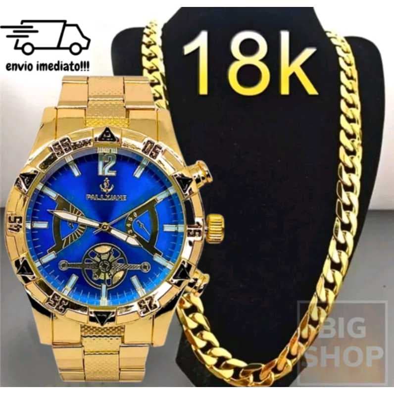Relógio masculino Dourado aço inox de pulso + corrente aço inoxidável Metal RN0002