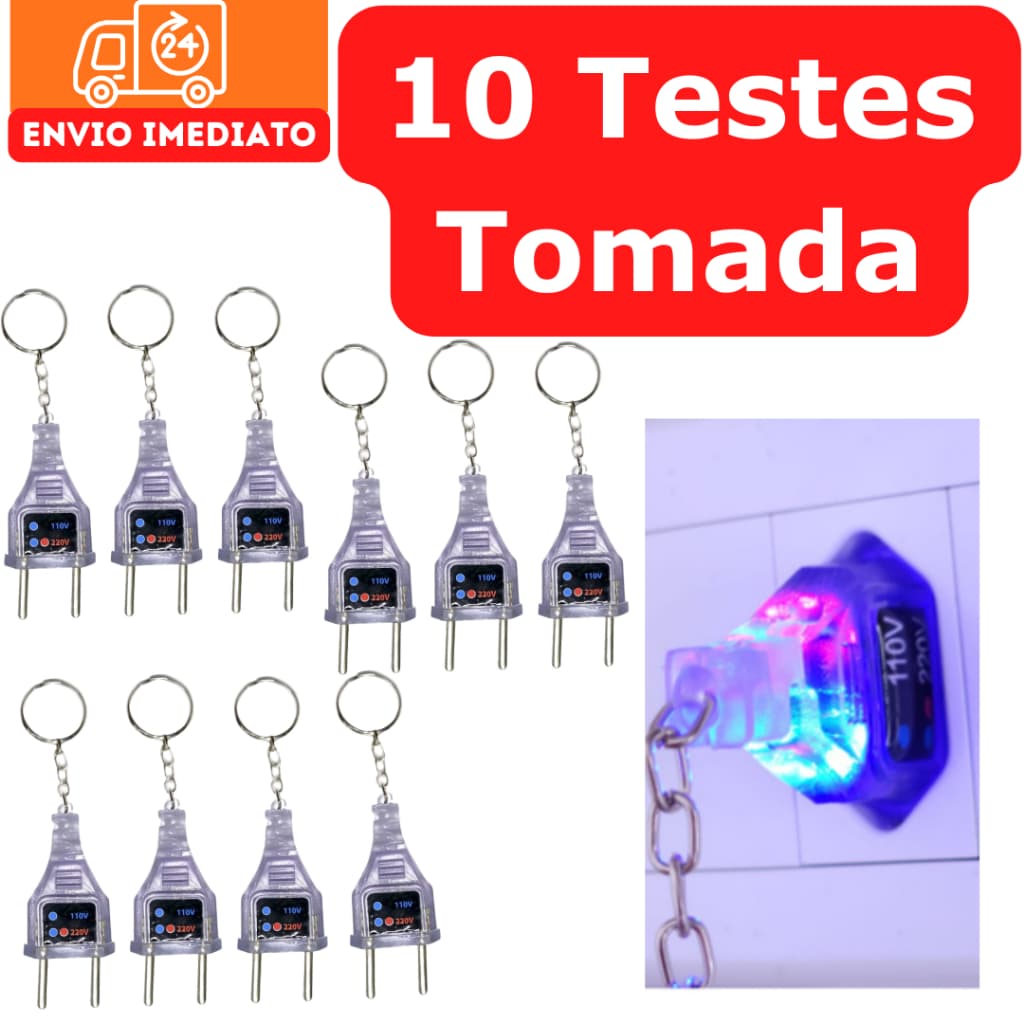 10 Chaveiro Teste Identificador de Tensão Voltagem 110/220v Kit 10 Plug Teste de Tomada