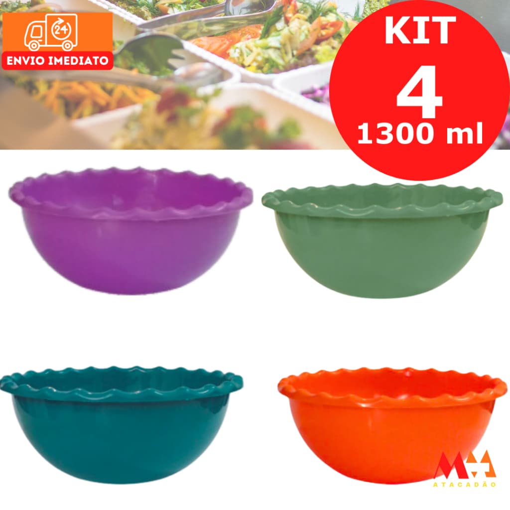 Kit 4 pçs Saladeira 1,3 L Colorida Plástico Pote Tigela Salada Churrasco Frutas Legumes Açaí Sorvete Doce Salgado