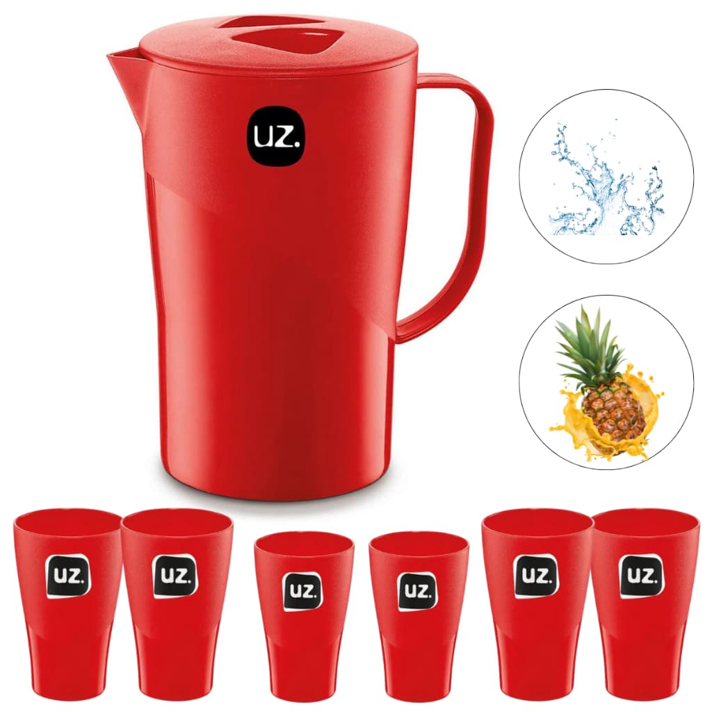 Jarra de Suco e Agua Com Tampa 2L Com 6 Copos 300ML Plástico Premium Uz - Vermelho