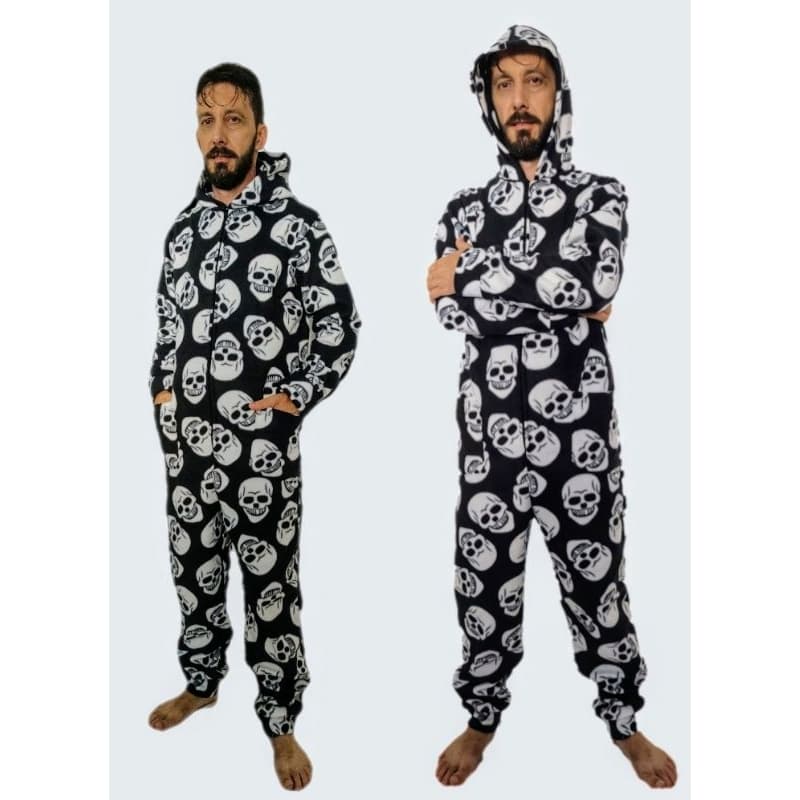 Macacão caveira soft de inverno com capuz e bolso festa do pijama