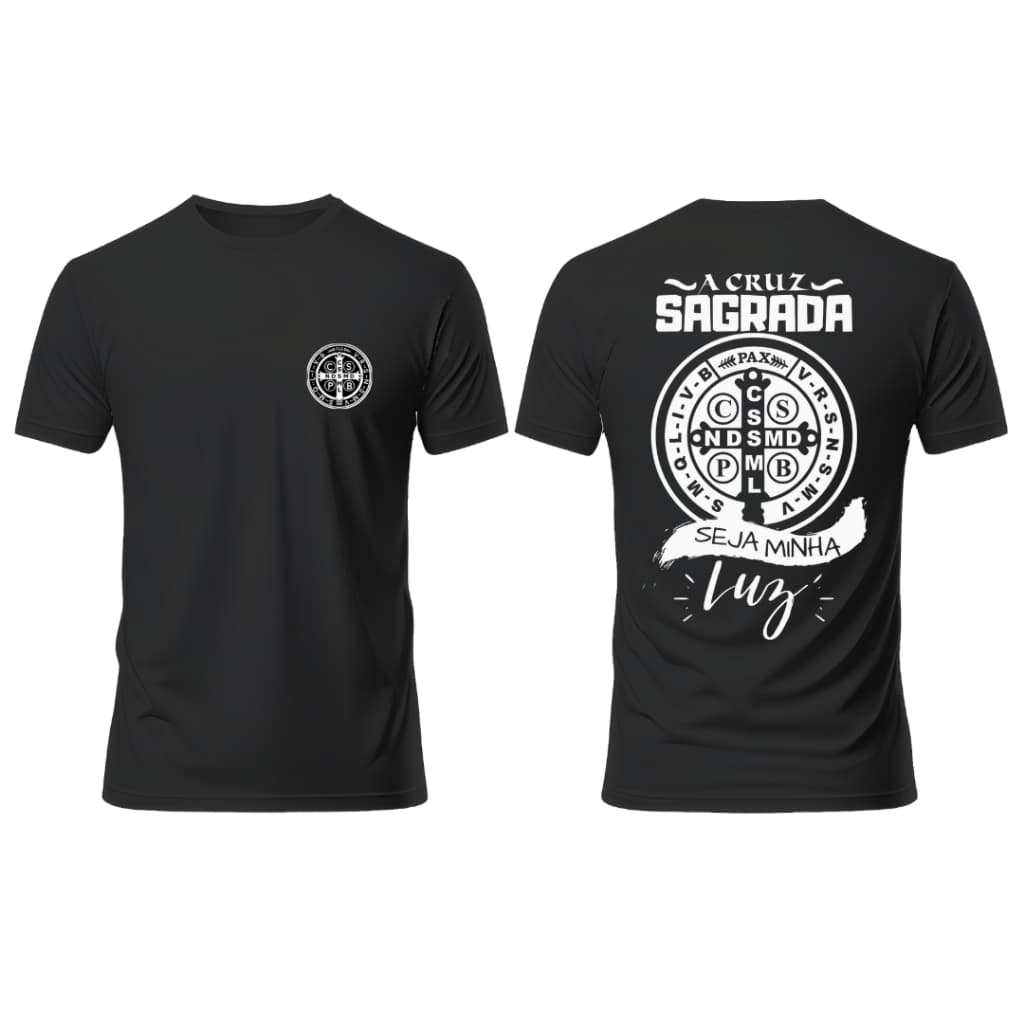 Camiseta camisa catolica estampada a cruz sagrada seja minha luz 2