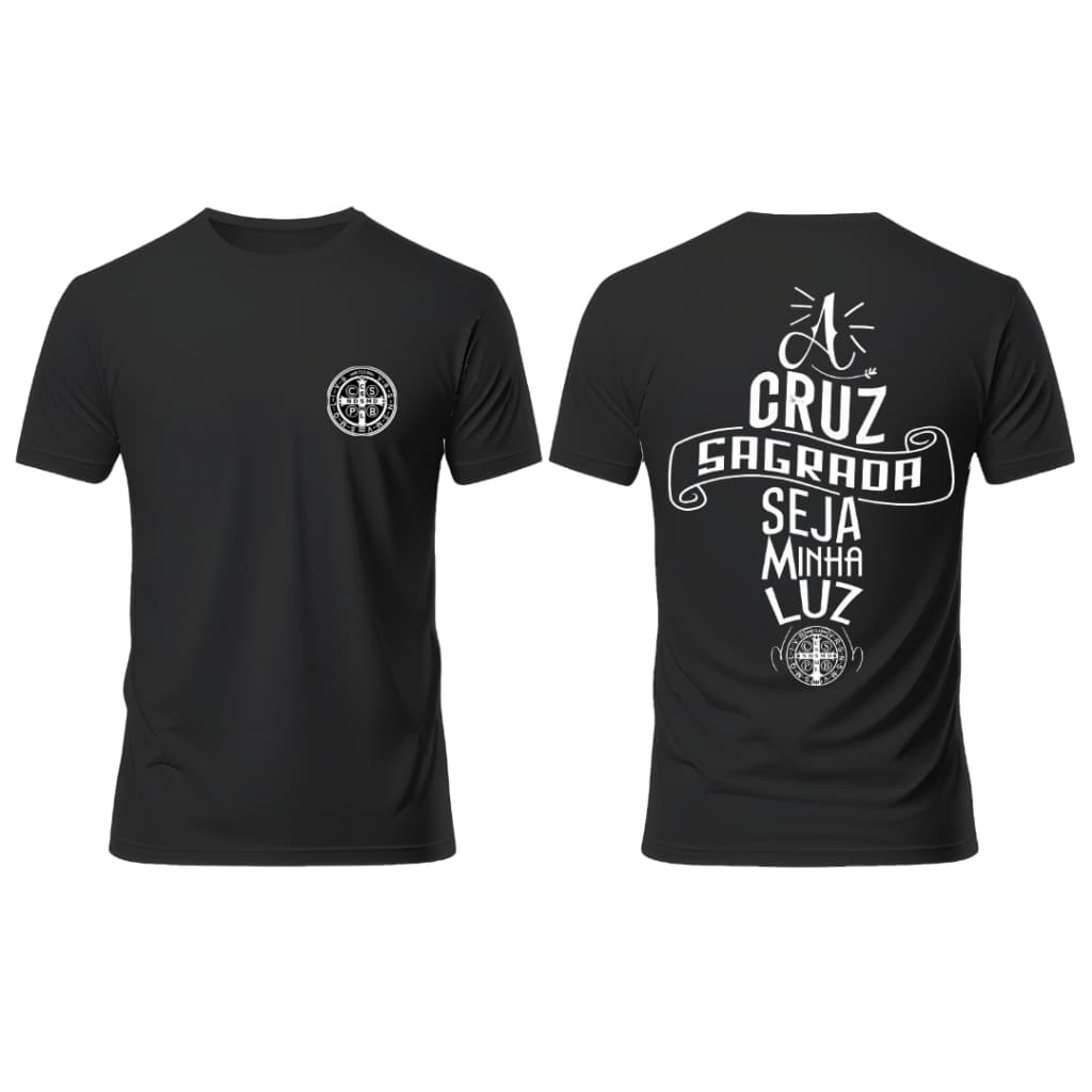 Camiseta camisa catolica estampada a cruz sagrada seja minha luz são bento