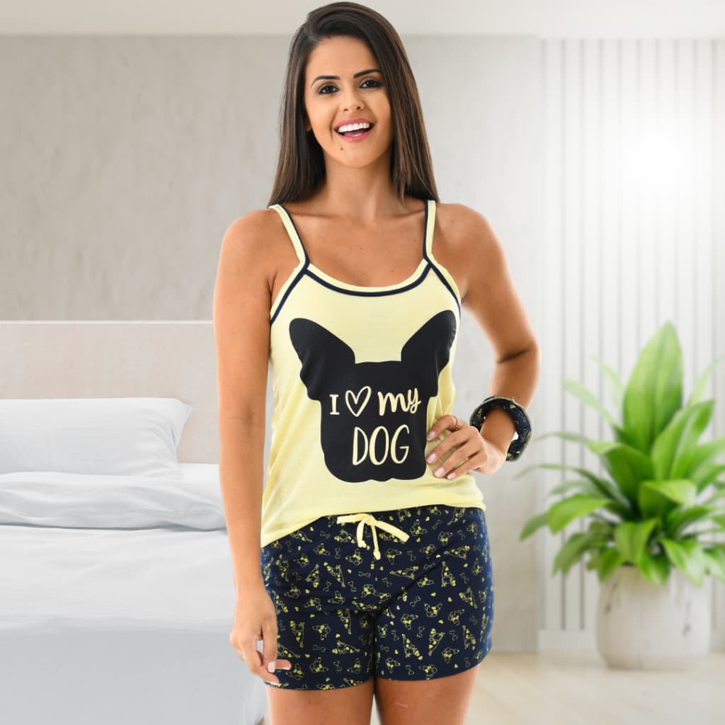Pijama Curto de Alça Short Doll Conforto Baby Doll Estampado Cachorrinho com Buchinha Scrunchie POP