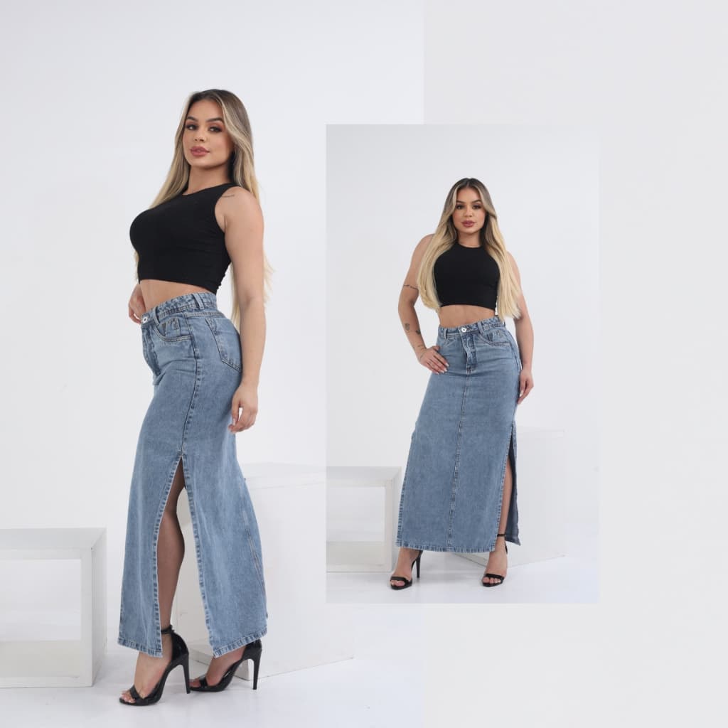 Saia Jeans Feminina Longa Cintura Alta