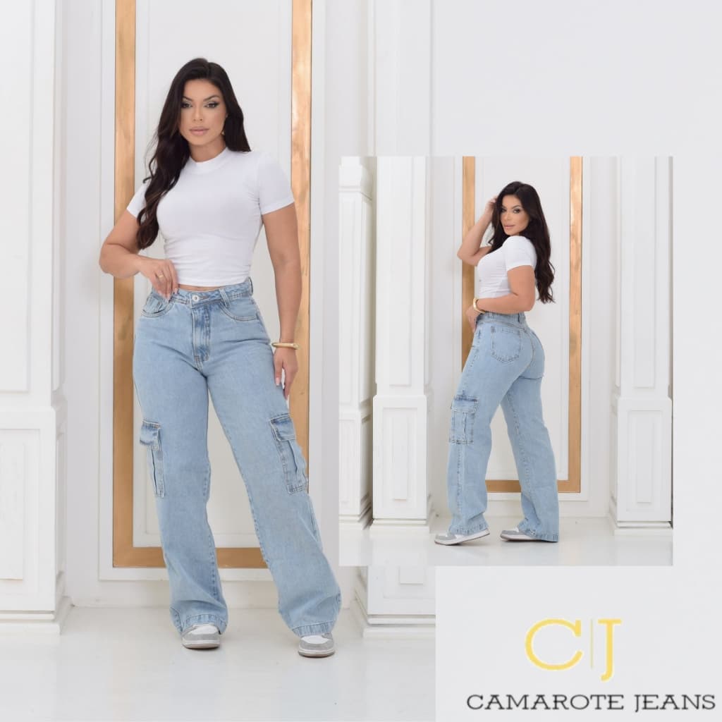 Camarote jeans wide leg cargo tendência cintura alta